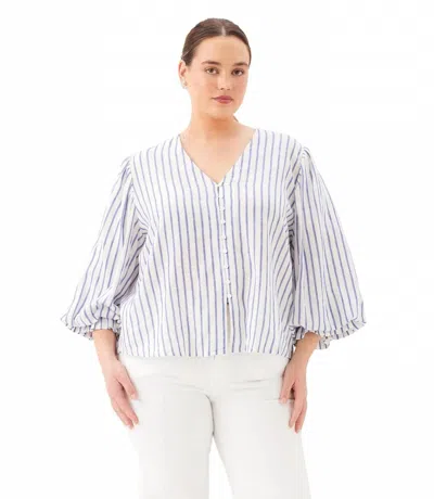 Karen Kane Stripe Layered Sleeve Shirred Blouse - Plus In Off White With Blue In Multi