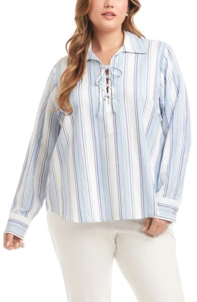 Karen Kane Stripe Linen Blend Lace-up Popover Shirt In Multi