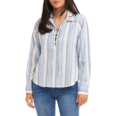 Karen Kane Stripe Linen Blend Lace-up Popover Shirt In Multi