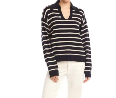 Karen Kane Stripe Polo Sweater In Black With Ecru