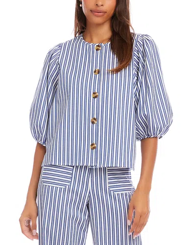 Karen Kane Stripe Puff Sleeve Button Front Top In Blue