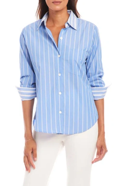 Karen Kane Stripe Ruched Sleeve Button-up Shirt