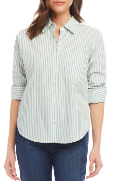 Karen Kane Stripe Ruched Sleeve Cotton Button-up Shirt