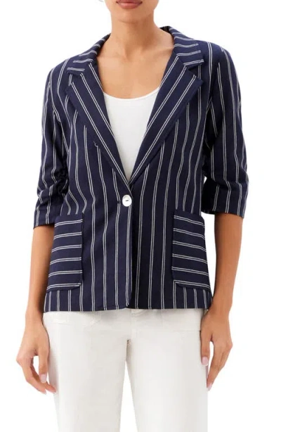 Karen Kane Stripe Ruched Sleeve Stretch Cotton Jacket In Blue