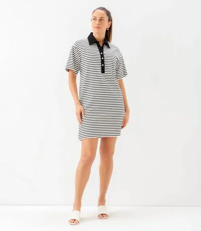 Karen Kane Stripe Short Sleeve Polo Dress In Ivory With Black In Multi