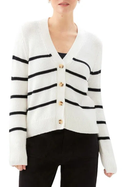 Karen Kane Stripe Stretch Cotton Blend Cardigan Sweater In White