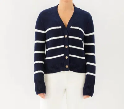Karen Kane Stripe Sweater Cardigan In Navy With Off White In Multi