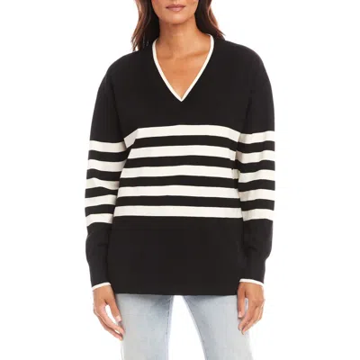 Karen Kane Stripe V-neck Sweater In Black