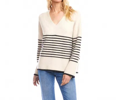 Karen Kane Stripe V-neck Sweater In Ecru With Black In Multi