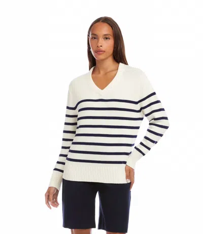 Karen Kane Stripe V-neck Sweater In Off White With Navy In Metallic