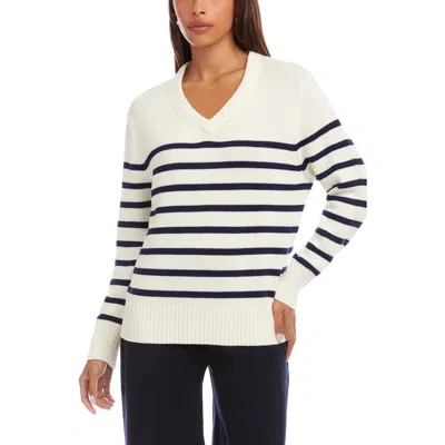 Karen Kane Stripe V-neck Sweater In White