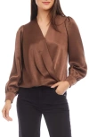 Karen Kane Surplice Drape Front Satin Top In Cognac