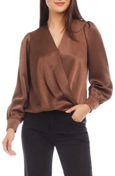 Karen Kane Surplice Drape Front Satin Top In Cognac