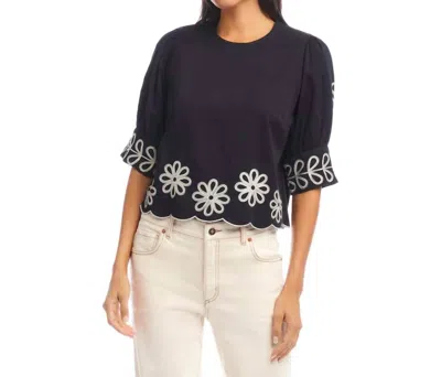 Karen Kane Tesni Three Quarter Sleeve Embroidered Scallop Top In Black And Cream In Blue