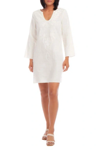 Karen Kane The St. Barts Embroidered Long Sleeve Linen Blend Dress In Off White