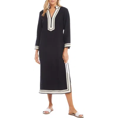 Karen Kane The St. Tropez Long Sleeve Linen Blend Midi Dress In Navy W/off White