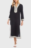 Karen Kane The St. Tropez Long Sleeve Linen Blend Midi Dress In Black/ Cream