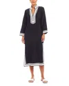 Karen Kane The St. Tropez Long Sleeve Linen Blend Midi Dress In Navy/ Off White
