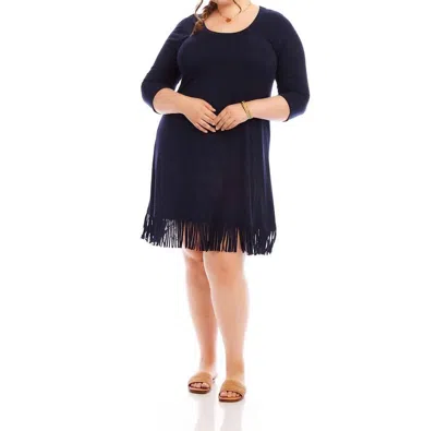 Karen Kane Three-quarter Sleeve Fringe Hem Dress - Plus In Navy In Blue