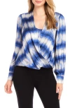 Karen Kane Tie Dye Drape Front Satin Top In Blue