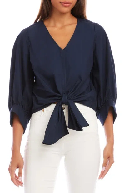 Karen Kane Blouson Sleeve Tie-front Top In Navy In Blue