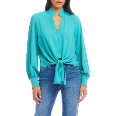 Karen Kane Tie Front Crepe Top In Turquoise