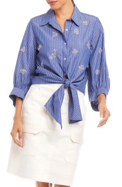 Karen Kane Tie Front Embellished Pinstripe Button-up Shirt In Stripe