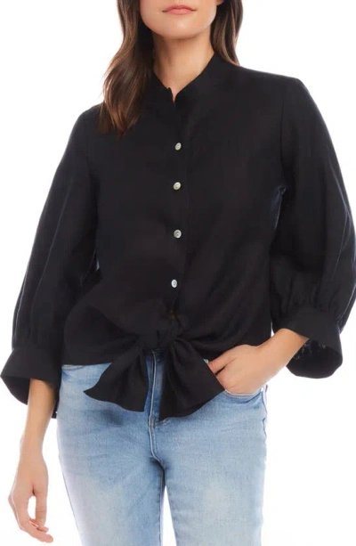Karen Kane Tie Front Linen Blend Button-up Top In Black