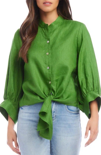 Karen Kane Tie Front Linen Blend Button-up Top In Green