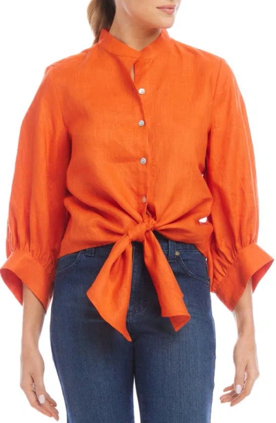 Karen Kane Tie Front Linen Blend Button-up Top In Orange