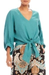 Karen Kane Tie Front Linen Top In Aqua