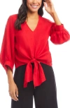 Karen Kane Blouson Sleeve Linen Tie-front Top In Cherry In Cherry