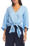Karen Kane Blouson Sleeve Linen Tie Front Top In Lake