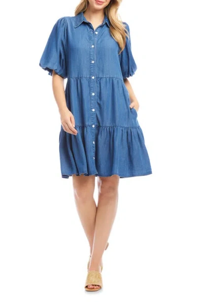 Karen Kane Tiered Puff Sleeve Chambray Shirtdress In Blue
