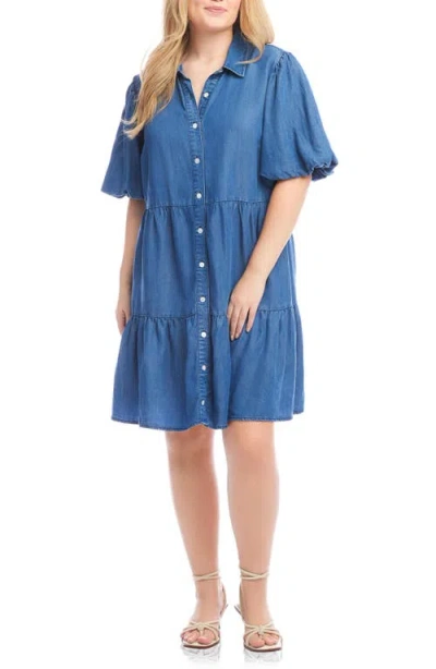 Karen Kane Puff Sleeve Tiered Shirtdress In Chambray In Blue
