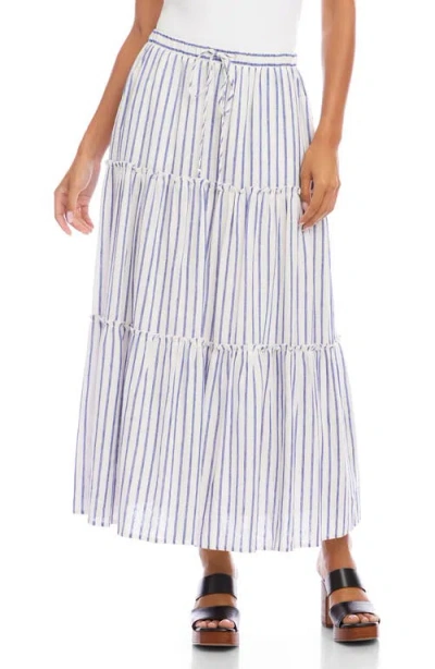 Karen Kane Stripe Tiered Midi Skirt In Off White With Blue In Multi