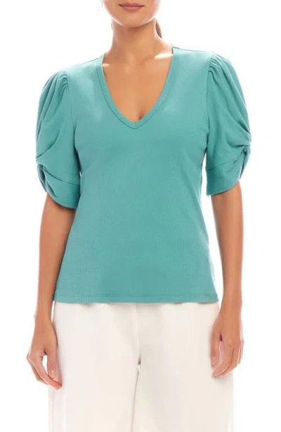 Karen Kane Twist Sleeve Rib Top In Aqua