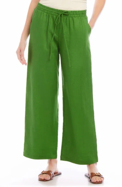 Karen Kane Wide Leg Drawstring Linen Trousers In Green