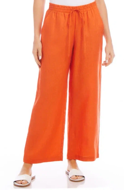 Karen Kane Wide Leg Drawstring Linen Trousers In Orange