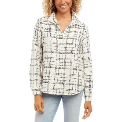 Karen Kane Womens Tweed Plaid Button-down Top In White