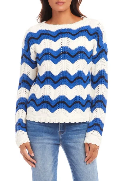 Karen Kane Zigzag Pointelle Stitch Cotton Blend Sweater In Blue
