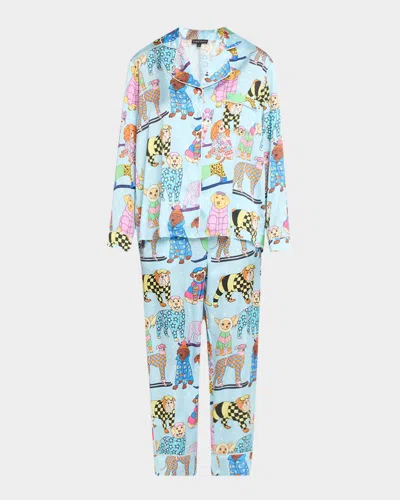 Karen Mabon Ski Dogs Printed Cropped Satin Pajama Set In Blue