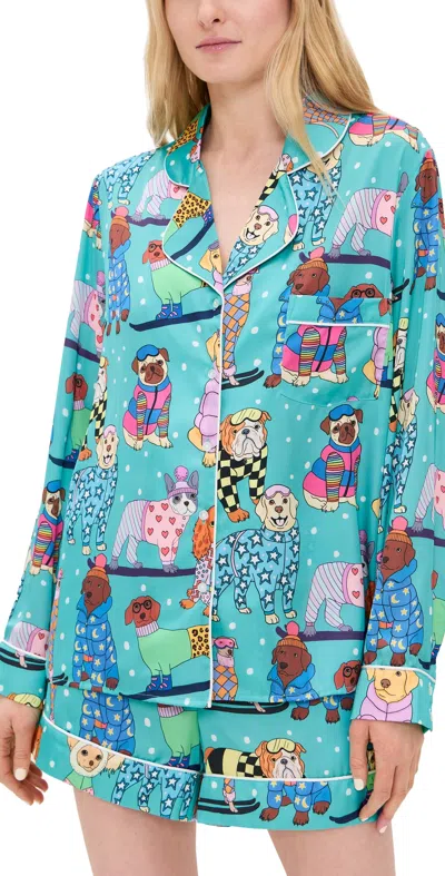 Karen Mabon Skiing Dogs Shorts Pajama Set Teal