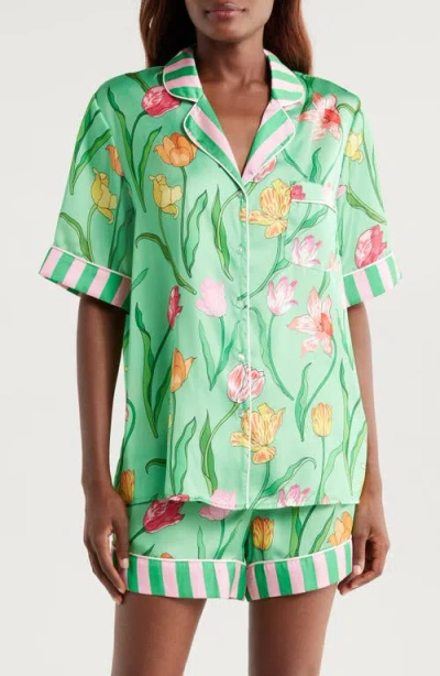 Karen Mabon Tulips Satin Short Pajamas In Green