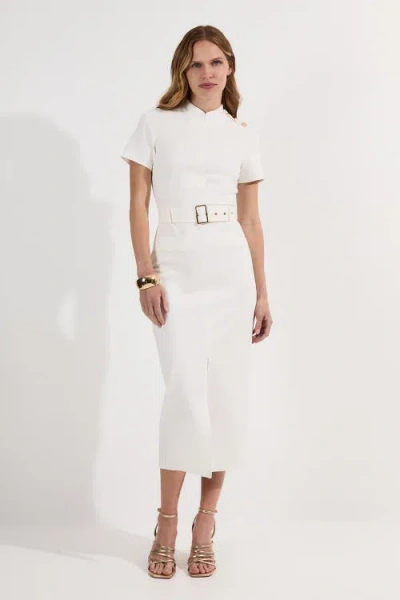 Karen Millen Belted Ponte Midi Dress In White