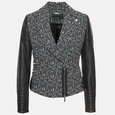 Pre-owned Karen Millen Black Tweed And Leather Biker Jacket M