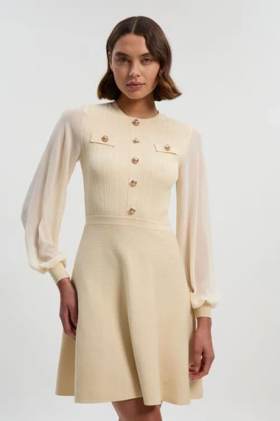 Karen Millen Chiffon Sleeve Military Mini Knit Dress In White