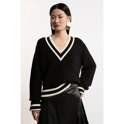 Karen Millen Cotton V-neck Knit Boxy Jumper In Black