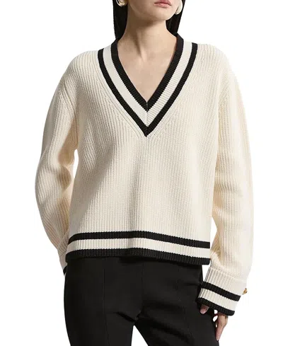 Karen Millen Cotton V-neck Knit Boxy Jumper In Neutral