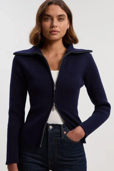 Karen Millen Cotton Zip Through Collar Knit Cardigan In Blue